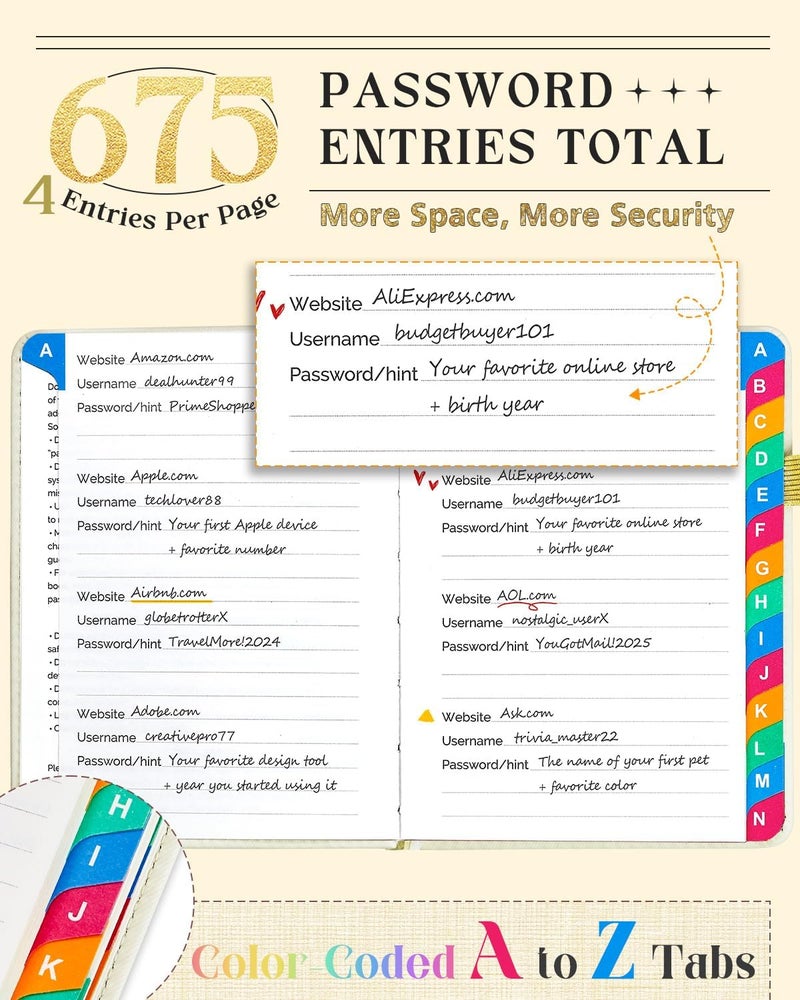 hi!SCI Password Keeper Book with Colorful Alphabetical Tabs, Small Pocket Password Logbook for Seniors, 4.7 x 6.2" Internet Website Address Organizer, Stores 675 Passwords (White) - Image 2